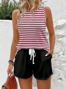 SHEIN LUNE 2 件套女士休闲条纹圆领吊带背心和短裤套装，适合夏季
