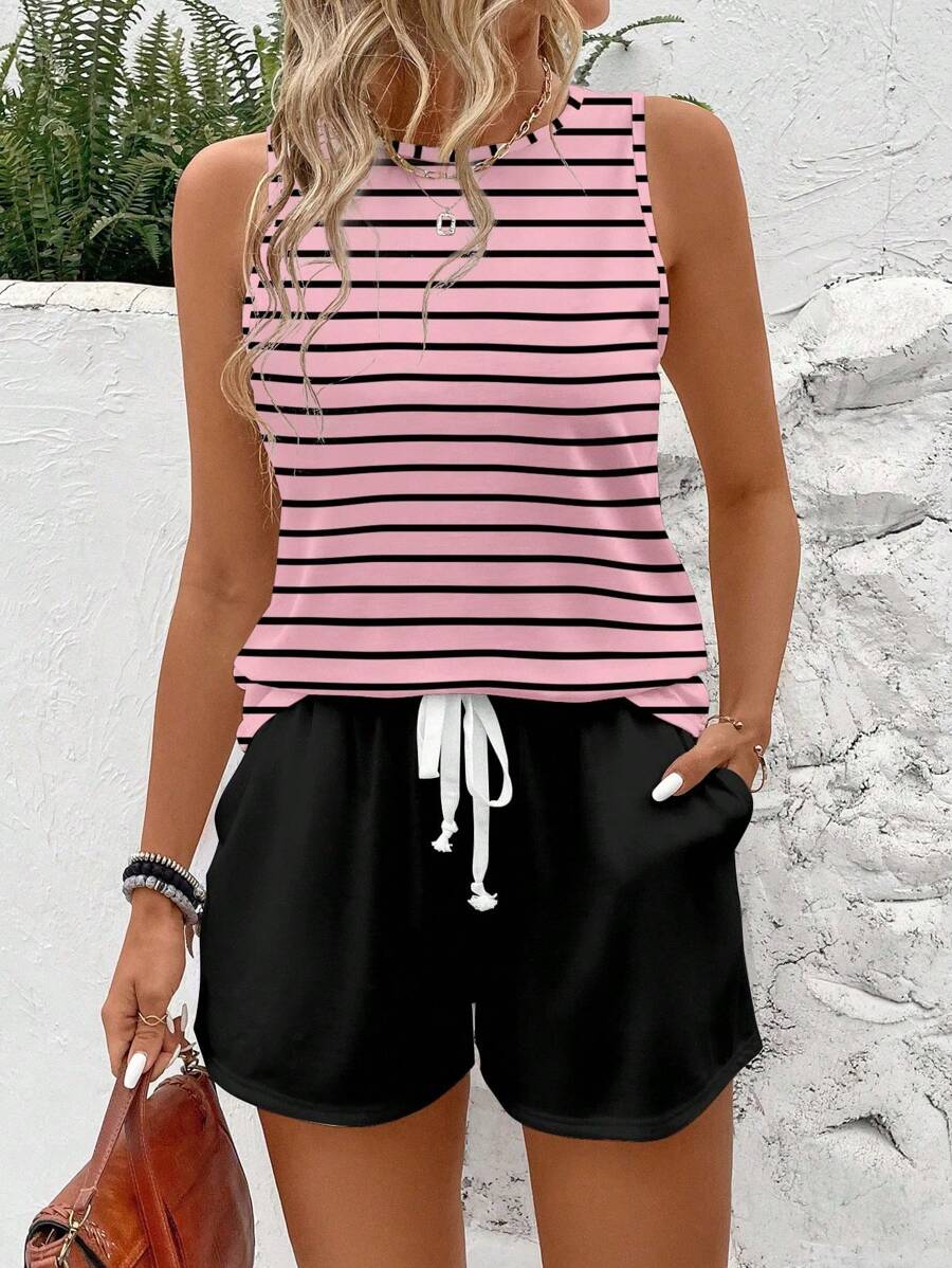 SHEIN LUNE 2 件套女士休闲条纹圆领吊带背心和短裤套装，适合夏季