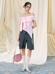 SHEIN MOD Women's Solid Color Cinched Waist Off Shoulder Tie-Up Top ,Women Summer Clothes, Vacation, Pink, Country Concert,Y2k Tops - Pink - View 4