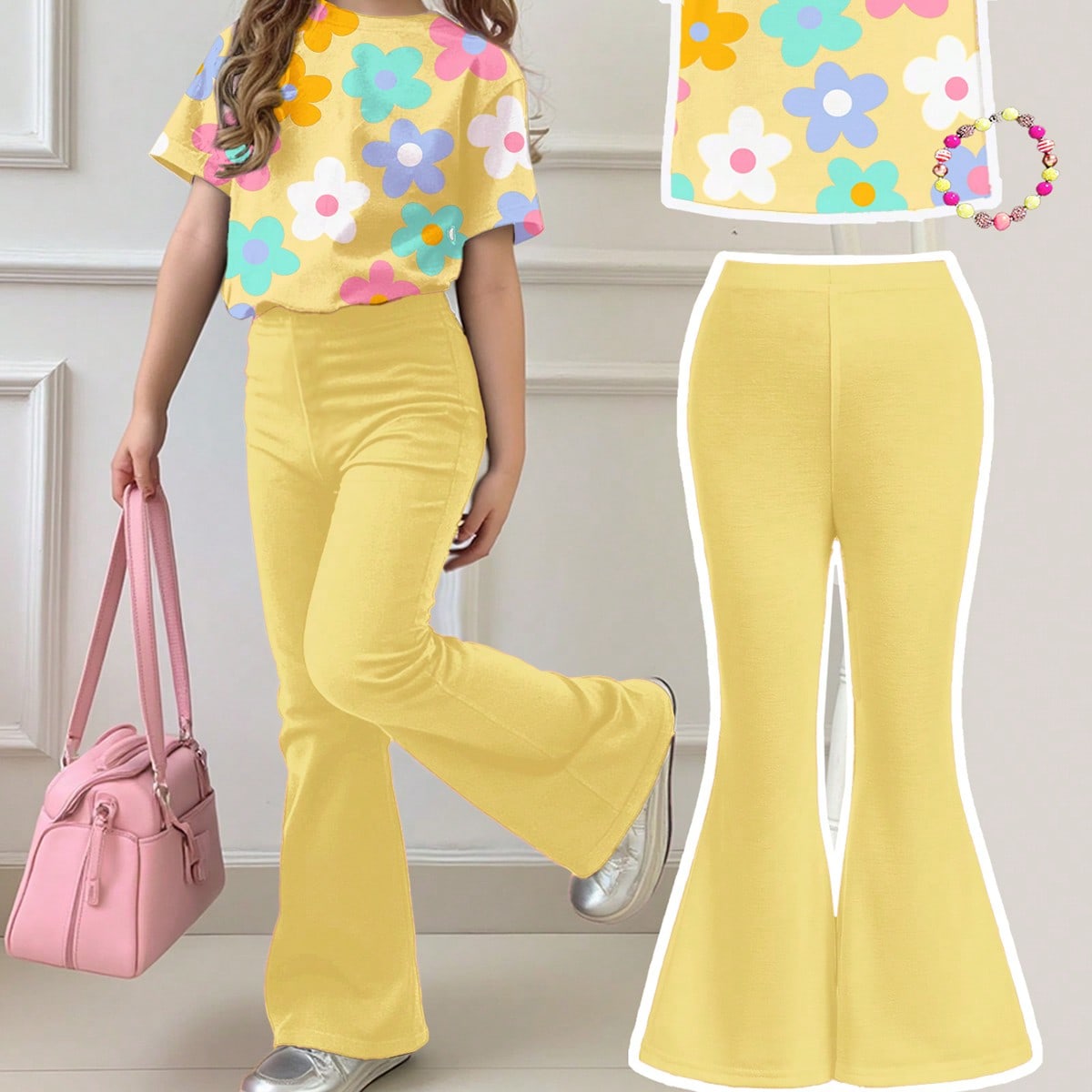 Set de 2 piezas: Top de manga corta con cuello redondo y pantalón acampanado con estampado de dibujos animados para niña, apto para verano