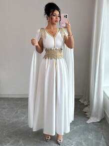 Elenzga Women's Elegant Lace Trim Poncho Sleeve Dress Fall Cloth For Women - White - View 6