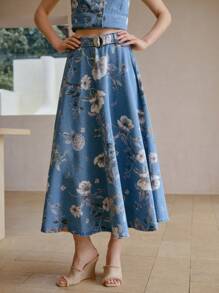 MOTF PREMIUM FLORAL PRINT FLARE DENIM SKIRT WITH BUCKLE BELT - Blue - View 4