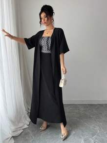 Rafferiza 2 件套女士复古印花吊带背心连衣裙（配腰部束腰夹克）套装 - 黑色 - 查看 3