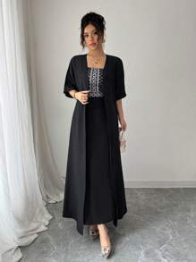 Rafferiza 2 件套女士复古印花吊带背心连衣裙（配腰部束腰夹克）套装 - 黑色 - 查看 4