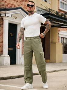 Manfinity Roughcore Men's Letter Patch Cargo Pockets Casual Wide Leg Denim Jeans - Army Green - View 3