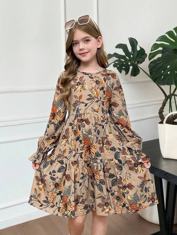SHEIN Vestido de manga larga abullonada con cuello redondo con volantes y estampado floral para niñas preadolescentes, para uso diario en otoño e invierno