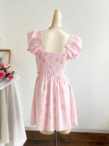 SHEIN VCAY Vestido de verano elegante de manga corta con cuello cuadrado, volantes y estampado floral