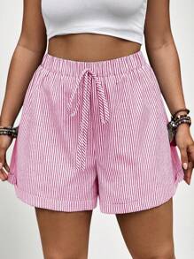 SHEIN VCAY Plus Size Women Loose Casual Elastic Waist Striped Shorts
