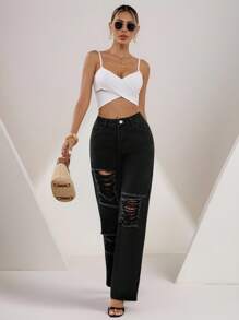 EMERY ROSE Women's Pocket Ripped Flare Loose Casual Versatile Jeans