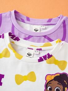 Blippi X SHEIN Set de 2 camisetas de manga corta con estampado de lazo y letra para niña joven