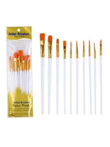SHEIN 10pcs 2025 New Plastic Handle 10 Pieces Painting Brush Set, Oil Painting, Watercolor, Hand Painting, Art Brushes Set / Slight Glue Overflow Is Inevitable - Multicolor - View 9