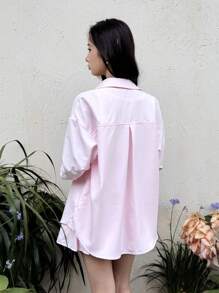 SHEIN 青少年女孩休闲简约舒适翻领长袖衬衫 + 褶皱 A 字裙两件套