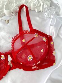 SHEIN Esselle 2 件套加大码浪漫刺绣钢圈性感内衣套装，提拉 - 紅色 - 查看 3