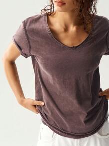 Bohemela Solid Color Knit Short Sleeve Round Neck Washed Women T-Shirt - Coffee Brown - View 4