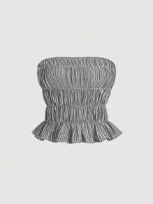 Sweetra Bộ 2 món/Bộ áo crop top không dây kẻ sọc rộng rãi mùa xuân & quần ống rộng, phong cách giải trí giản dị & sang trọng dành cho nữ - Đen và trắng - Xem 7