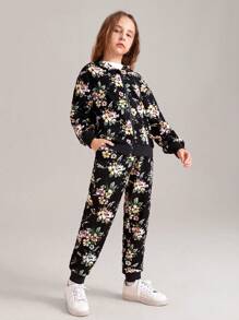SHEIN Tween Girl Floral Print Drop Shoulder Hoodie & Sweatpants - Multicolor - View 4
