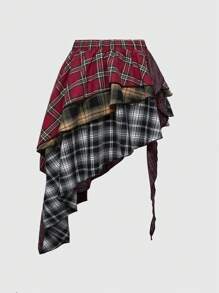 ROMWE Grunge Punk Plus Size Women Grunge Vintage Grungy American Plaid Patchwork Asymmetrical Hem Layered Skirt - Multicolor - View 2