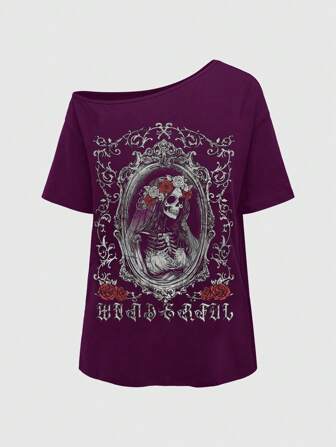 Goth Camiseta suelta de hombros caídos con estampado gráfico distorsionado de calavera vintage y rosa gótica, talla grande