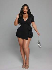 NU&NOW Plus Size Black  Cross Wrap Short Sleeve Jumpsuit, Summer Outfits For Women - Black - View 5