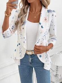 SHEIN Clasi 女式优雅花卉印花束腰七分袖白色荷叶边下摆开襟西装外套