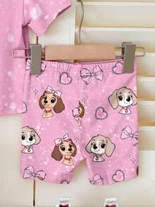 SHEIN 可爱小狗粉色彩虹蝴蝶结花卉印花女婴休闲宽松圆领短袖T恤和紧身裤两件套骑行短裤套装，适合春夏季 - 彩色 - 查看 5