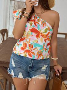 SHEIN VCAY 大码女式花卉印花单肩荷叶边袖宽松衬衫，节日装