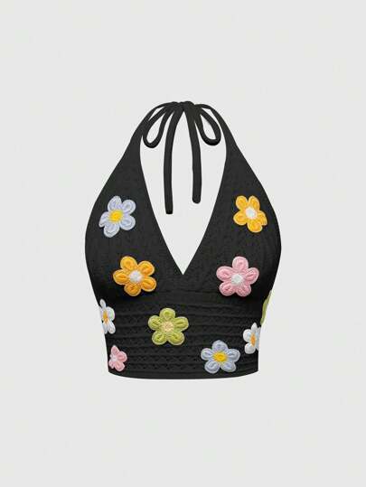 Top de vacaciones con cuello halter con flor de ganchillo linda