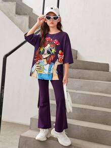 SHEIN Leap Crew 女大童人像圖案落肩T恤&喇叭褲 - 紫色 - 查看 3