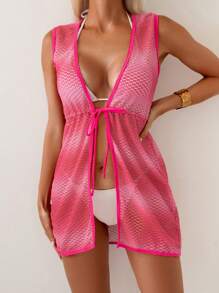 SHEIN Swim 女士时尚渐变粉色优雅性感复古风格海滩派对度假和服宽松罩衫泳衣罩衫 - 粉色 - 查看 3