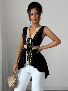 Elenzga 女式黑色撞色金色花卉蕾丝边不对称下摆无袖衬衫 - 黑色 - 查看 5