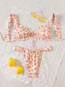 Swim Mod Women's Printed Swimwear, Sweet Tie Bow Ruched Hem Beach Dress Vacation Set, Summer - Multicolor - View 1