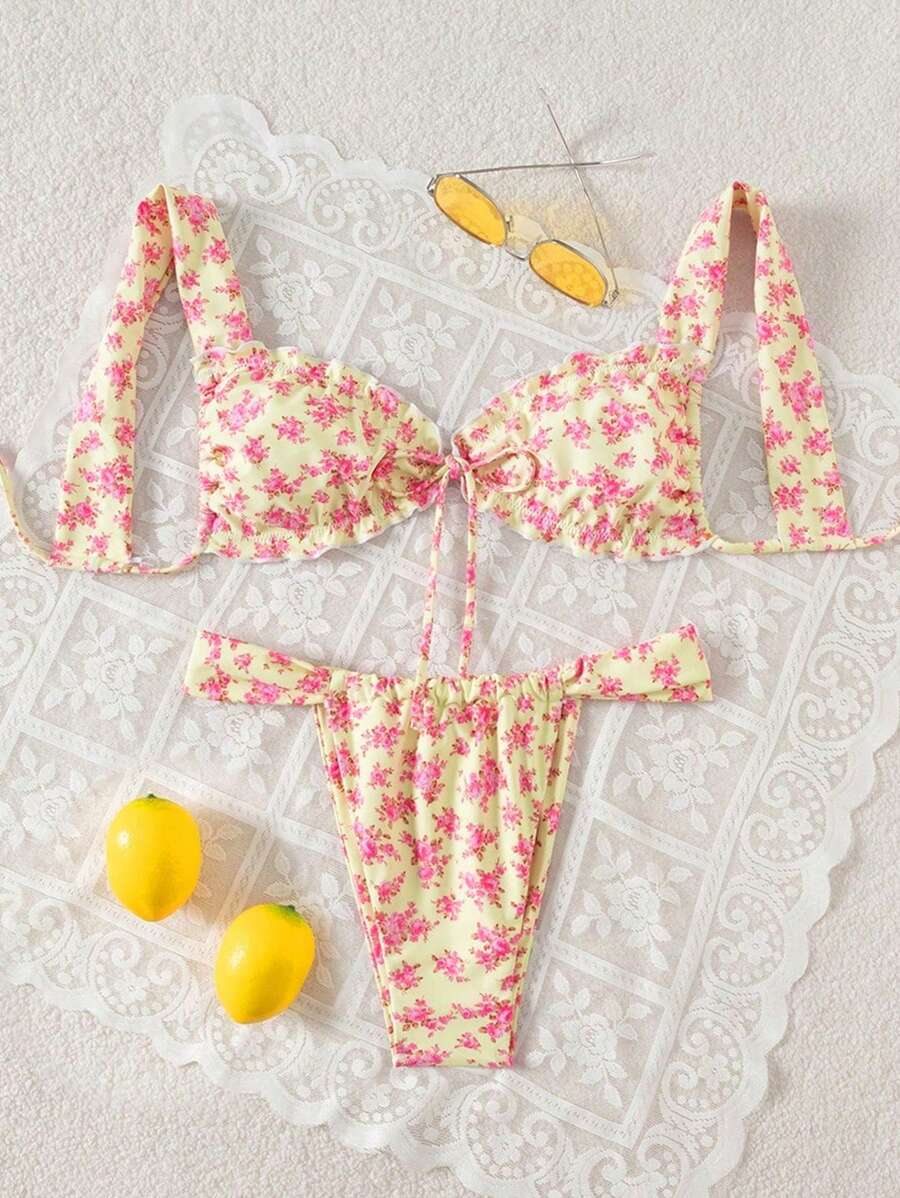 Swim Mod Women's Printed Swimwear, Sweet Tie Bow Ruched Hem Beach Dress Vacation Set, Summer - Multicolor - View 1