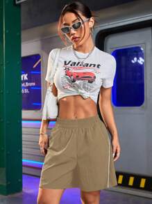 Streetz SHEIN Sport 纯色斜插口袋夏季弹力腰运动短裤 - 卡其色 - 查看 5