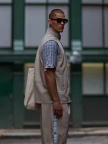 Musero Chaqueta de hombre sin mangas con cremallera estilo cinta con eslogan, detalles ocultos de cremallera, para verano y primavera, ideal para vacaciones