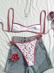 Swim Mod 女士沙滩装，复古浪漫碎花撞色边时尚性感红色比基尼套装 - 彩色 - 查看 3