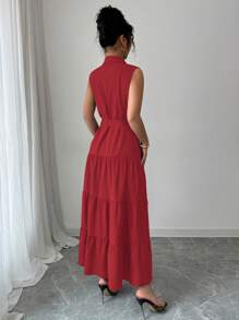 Women's Single-Breasted Sleeveless Shirt Dress With Ruffled Hem In Solid Color - Red - View 2