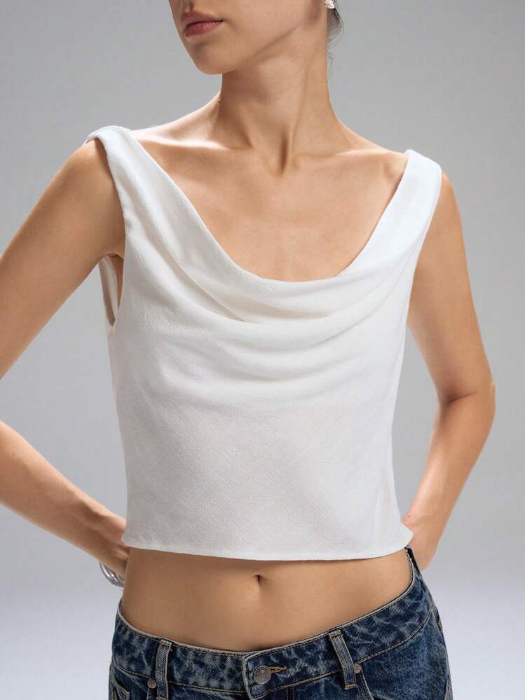 LYSMO 白色休闲女式圆领短款露背背心 - 白色 - 查看 2