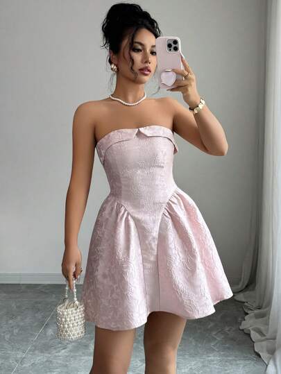 Elenzga Women's Summer Floral Jacquard Pleated Tube Dress, Short & Elegant