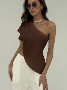 Aloruh 女士优雅纯色不对称上衣，夏季度假不对称肩部性感办公休闲上衣 - 棕色 - 查看 7