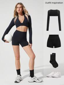 GLOWMODE FeatherFit™ Deep V Neck Adjustable Halter Cropped Sports Bra With Crossover Bust Low Impact Yoga Daily - Black - View 7