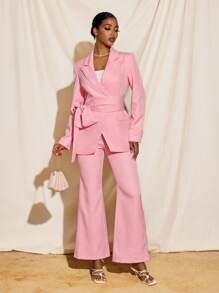 EBIB 优雅淡粉色腰带垫肩西装外套女式休闲办公套装