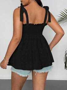 Rometta 大码女式纯色拼布提花毛绒面料吊带衬衫 - 黑色 - 查看 2