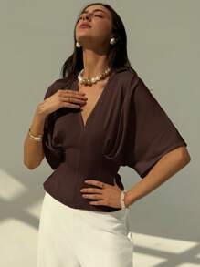 Aloruh 优雅纯色套头短袖简约宽松夏季衬衫，后背蝴蝶结领带，适合办公室和通勤 - 咖啡棕 - 查看 4