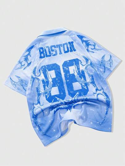 Street Life Men's Polo Shirt With American Street Design Pattern And English Print, Designed As Boston Team's Light Blue Short Sleeve Sports Jersey