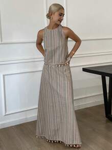 Livesso 夏季新款海滩度假装，条纹流苏波西米亚风格两件套女士