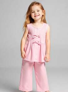 SHEIN Playful Pals Conjunto de 2 piezas de top sin mangas con pliegues y detalle de lazo, y pantalones de pierna ancha, en color liso, de estilo casual y moderno, adecuado para salidas de primavera/verano, vacaciones y uso diario.