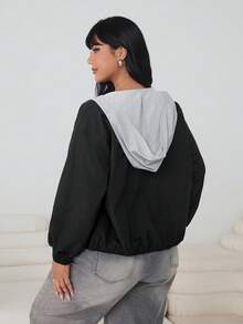 SHEIN EZwear 秋冬季办公、返校季、休闲、外出、约会、日常穿着、连帽外套、拼接连帽外套、二合一、黑灰撞色、百搭、大码女式秋季外套 - 黑色 - 查看 2