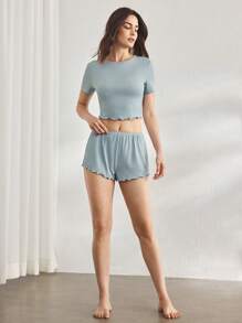 Ocili Leisure Women's Comfortable Stretchy Ruffle Trim Short Sleeve & Shorts Pajama Set