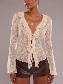 SHEIN BAE 夏季纯色杏色性感浪漫荷叶边长袖不对称系带女士长袖女式上衣、度假旅行上衣、情人节衬衫、日常通勤公主生日波西米亚风上衣、俱乐部 - 杏色 - 查看 4