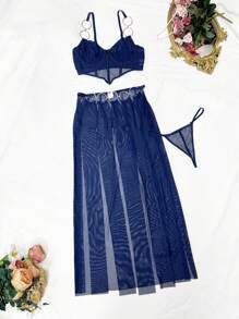 Snug Zone 3pcs Set Women's Sexy Mesh Lingerie Set (With Underwire Bra, G-String, Half Slip) For Going Out - Navy Blue - View 5